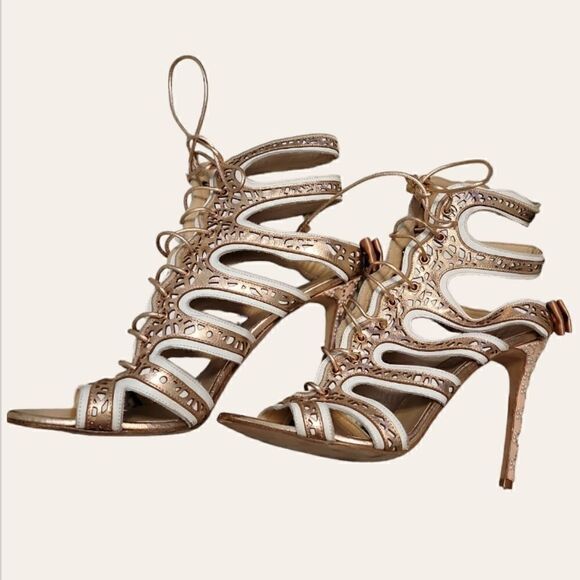 ANGELEI Cut-Out Lace Up Leather Heels - Picture 2 of 7